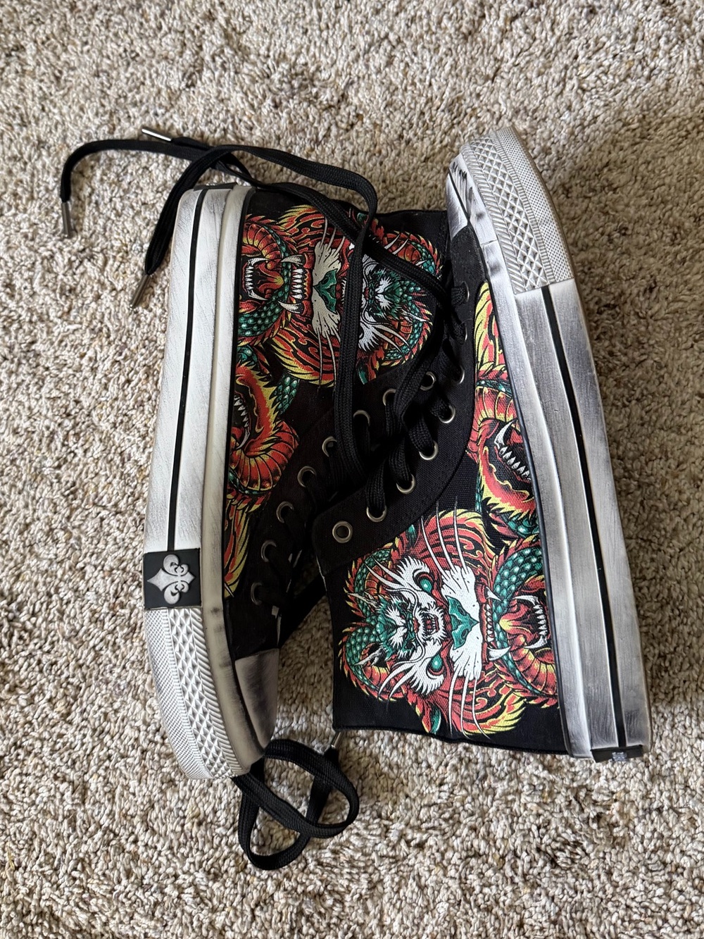 Affliction Black High-Top Sneakers with Red, Green and Yellow Dragon Graphic